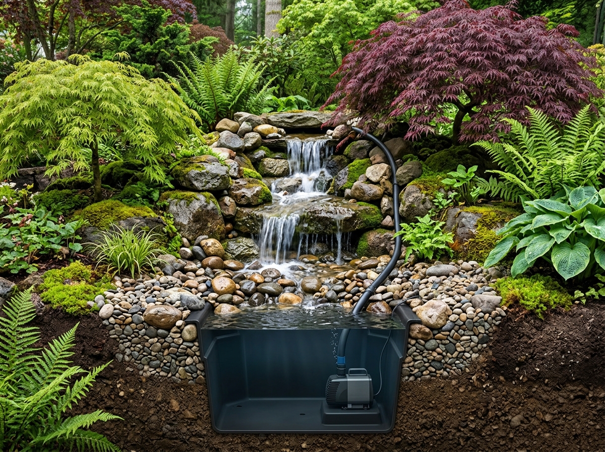 Coupe réaliste d'une cascade CascaZen sans bassin – réservoir et pompe enterrés, eau recyclée en circuit fermé