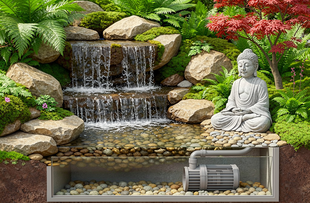 Schéma coupe cascade sans bassin CascaZen – fonctionnement avec pompe