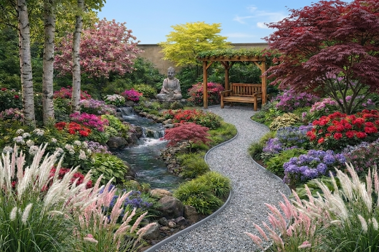 Vue d'artiste du prochain chantier CascaZen Prestige – jardin zen haut de gamme avec rivière, végétaux et coin détente